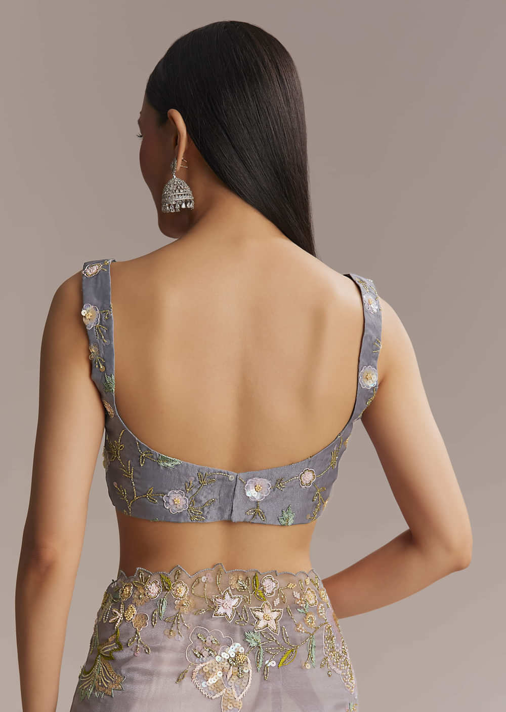 Grey Tissue Saree With Resham And Moti Embroidery