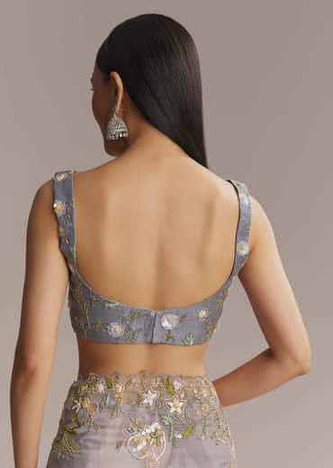 Grey Tissue Saree With Resham And Moti Embroidery