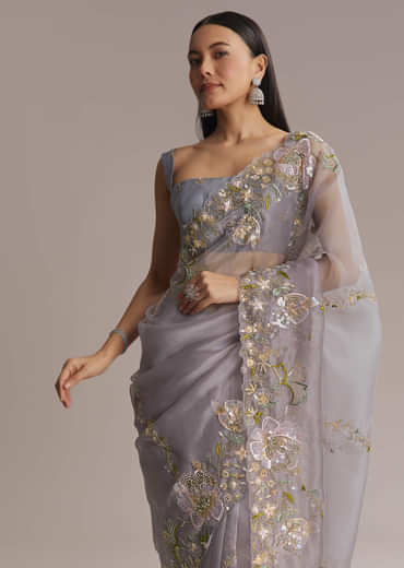 Grey Tissue Saree With Resham And Moti Embroidery