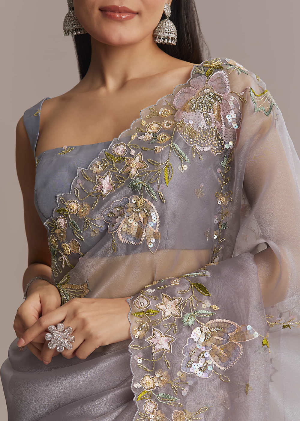 Grey Tissue Saree With Resham And Moti Embroidery