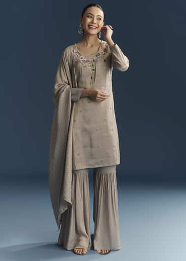 Grey Tissue Sharara Suit With Zardosi And Resham Embroidery