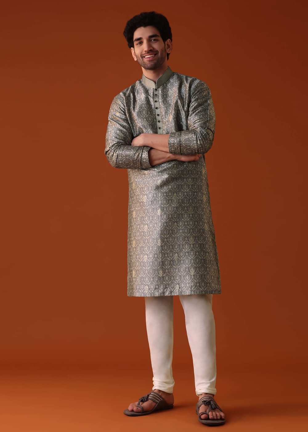Grey Toned Silk Kurta With Machine Embroidery
