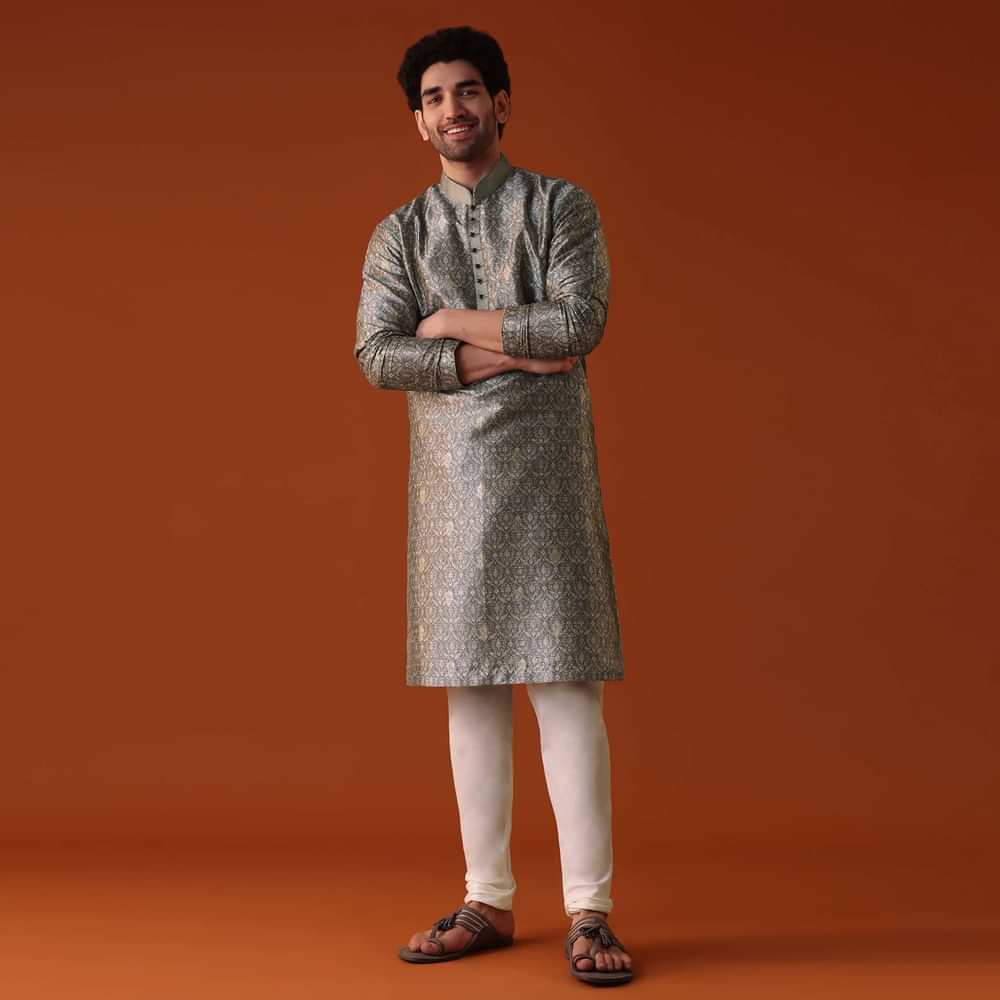 Grey Toned Silk Kurta With Machine Embroidery