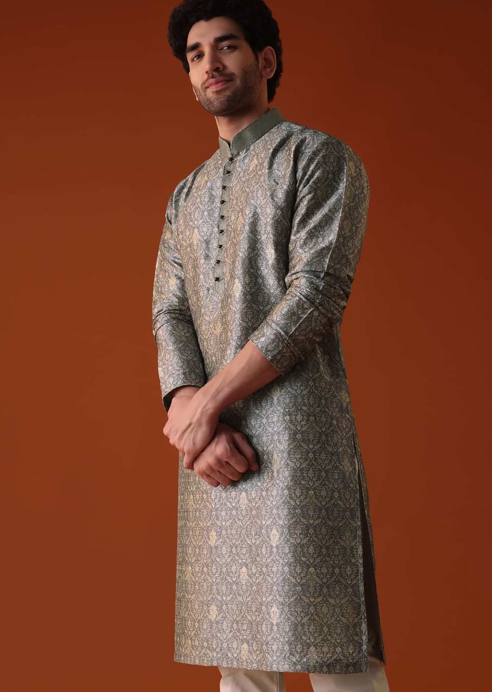 Grey Toned Silk Kurta With Machine Embroidery
