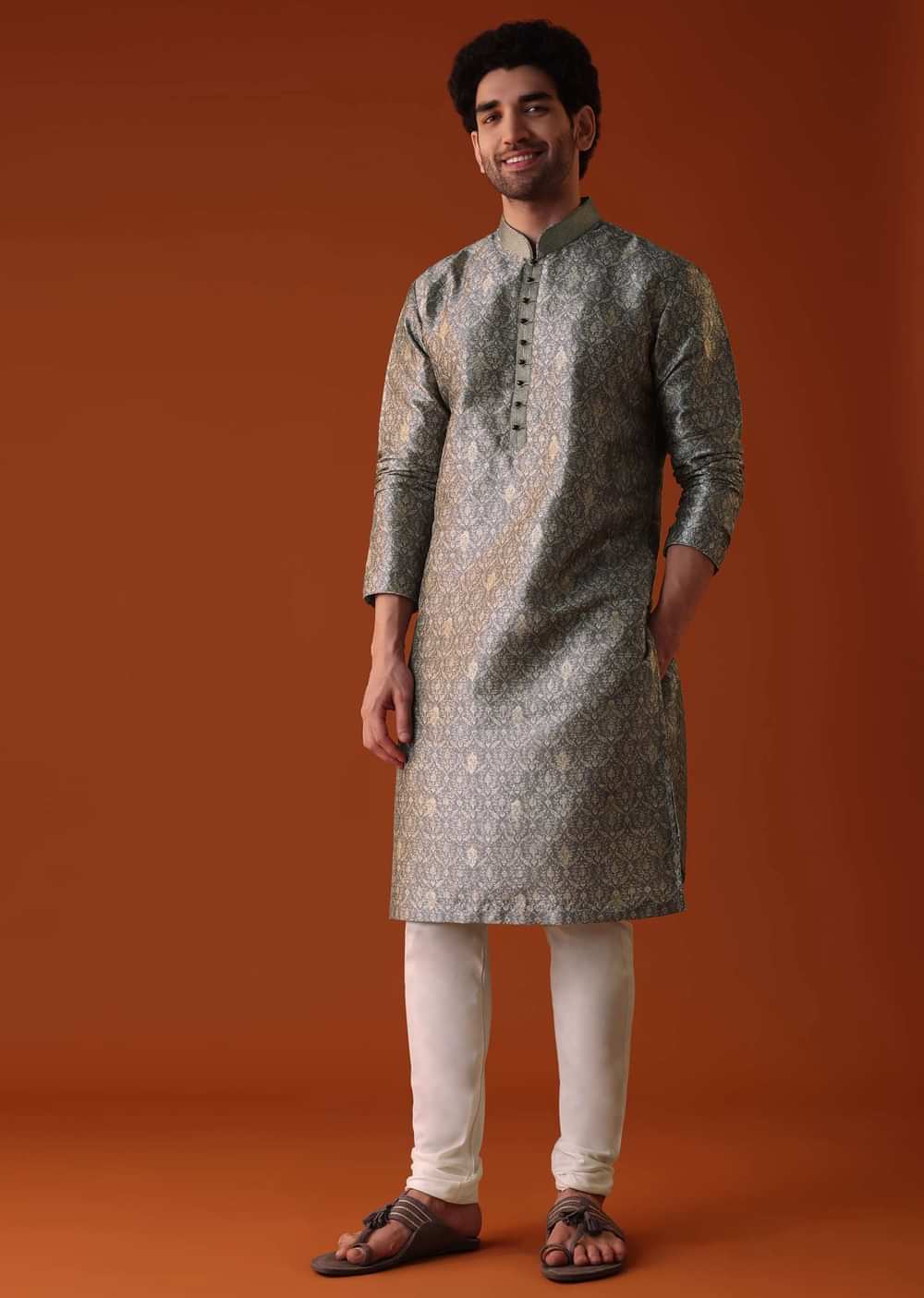 Grey Toned Silk Kurta With Machine Embroidery