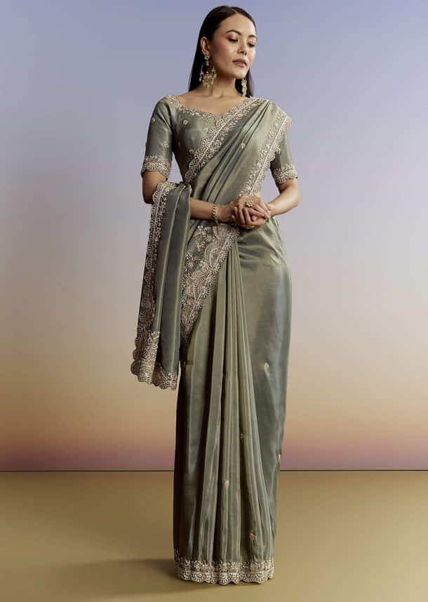 Greyish Blue Tissue Saree With French Knot Resham Embroidery