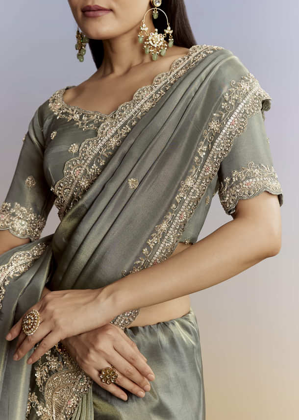 Greyish Blue Tissue Saree With French Knot Resham Embroidery