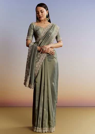 Greyish Blue Tissue Saree With French Knot Resham Embroidery