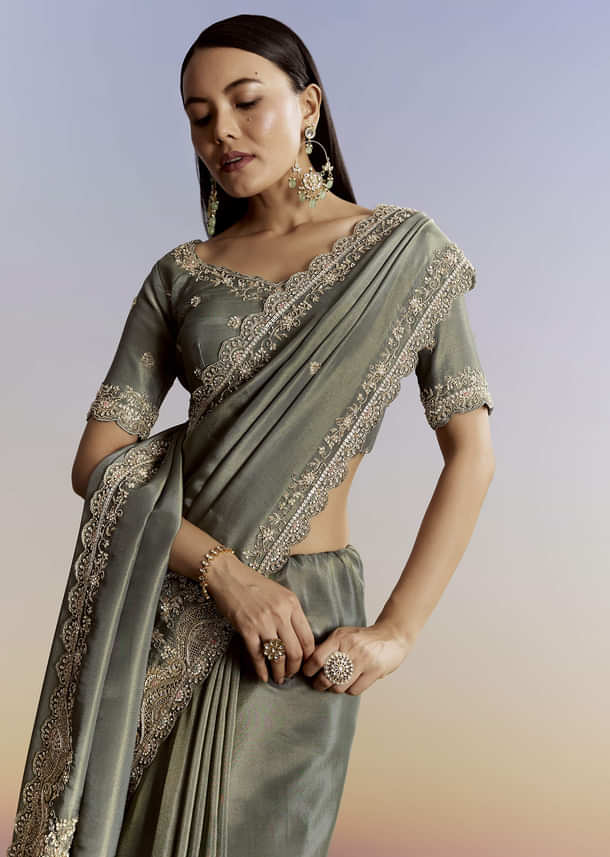 Greyish Blue Tissue Saree With French Knot Resham Embroidery
