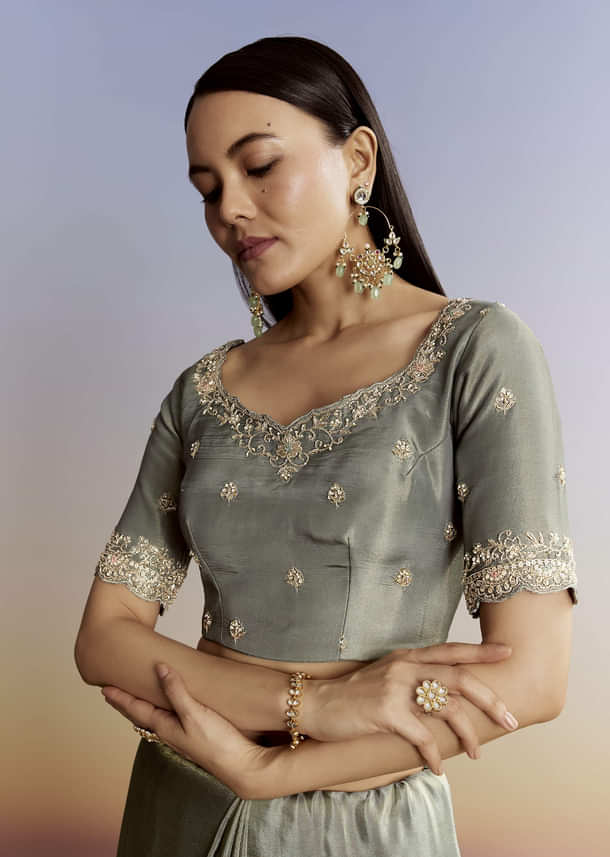 Greyish Blue Tissue Saree With French Knot Resham Embroidery