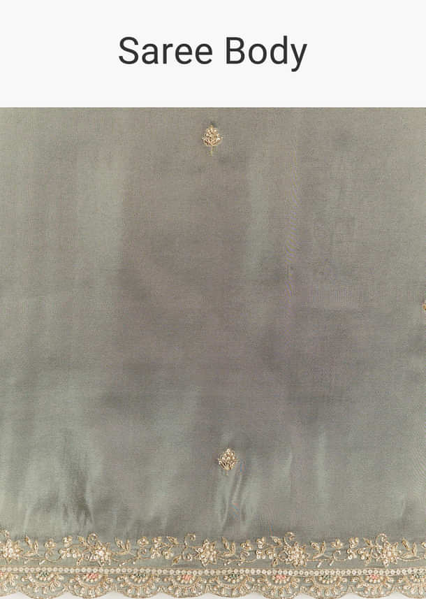 Greyish Blue Tissue Saree With French Knot Resham Embroidery