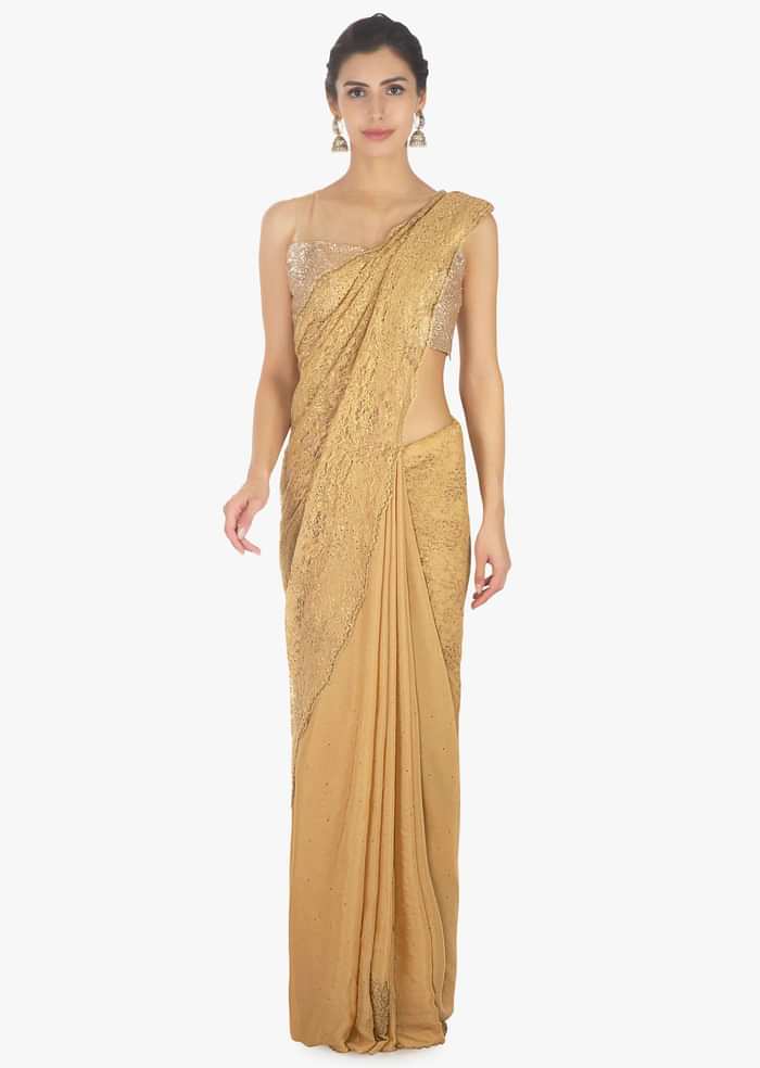 Half and half  beige lace and chiffon saree with scallop border in cut dana only on Kalki