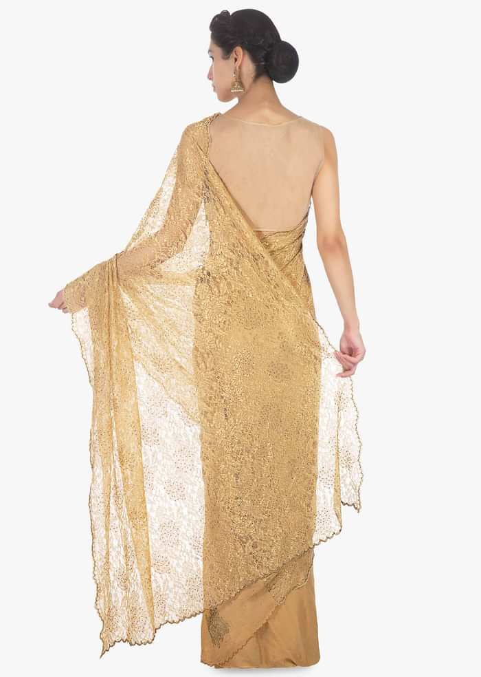 Half and half  beige lace and chiffon saree with scallop border in cut dana only on Kalki