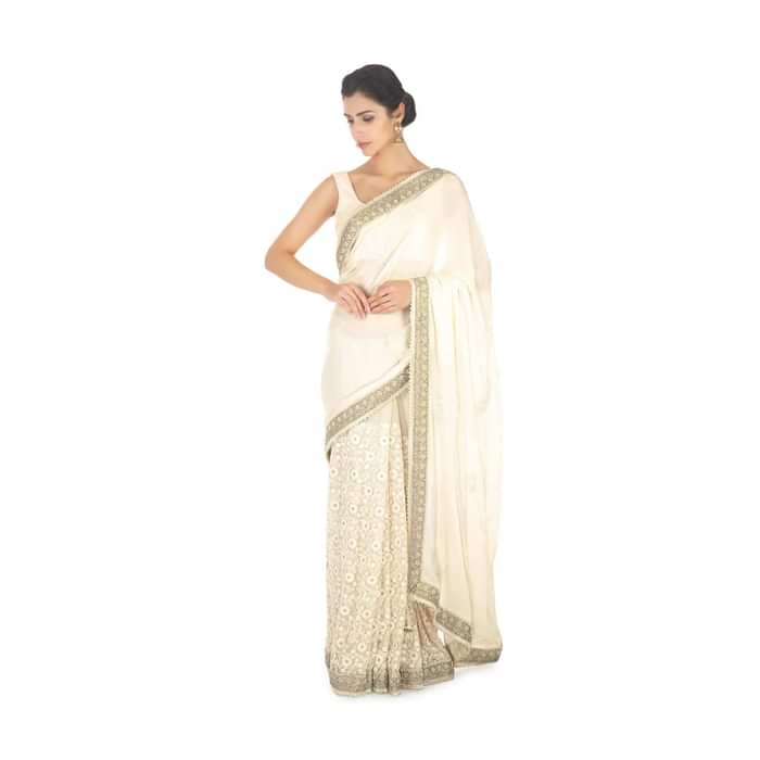 Half and half off white saree in chiffon and net only on Kalki