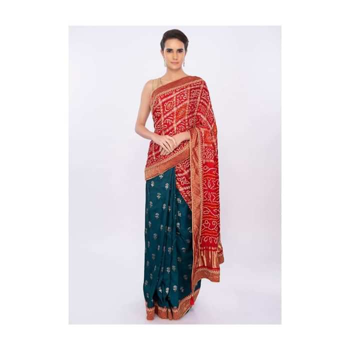 Half and half saree with crushed bandhani pallo only on kalki