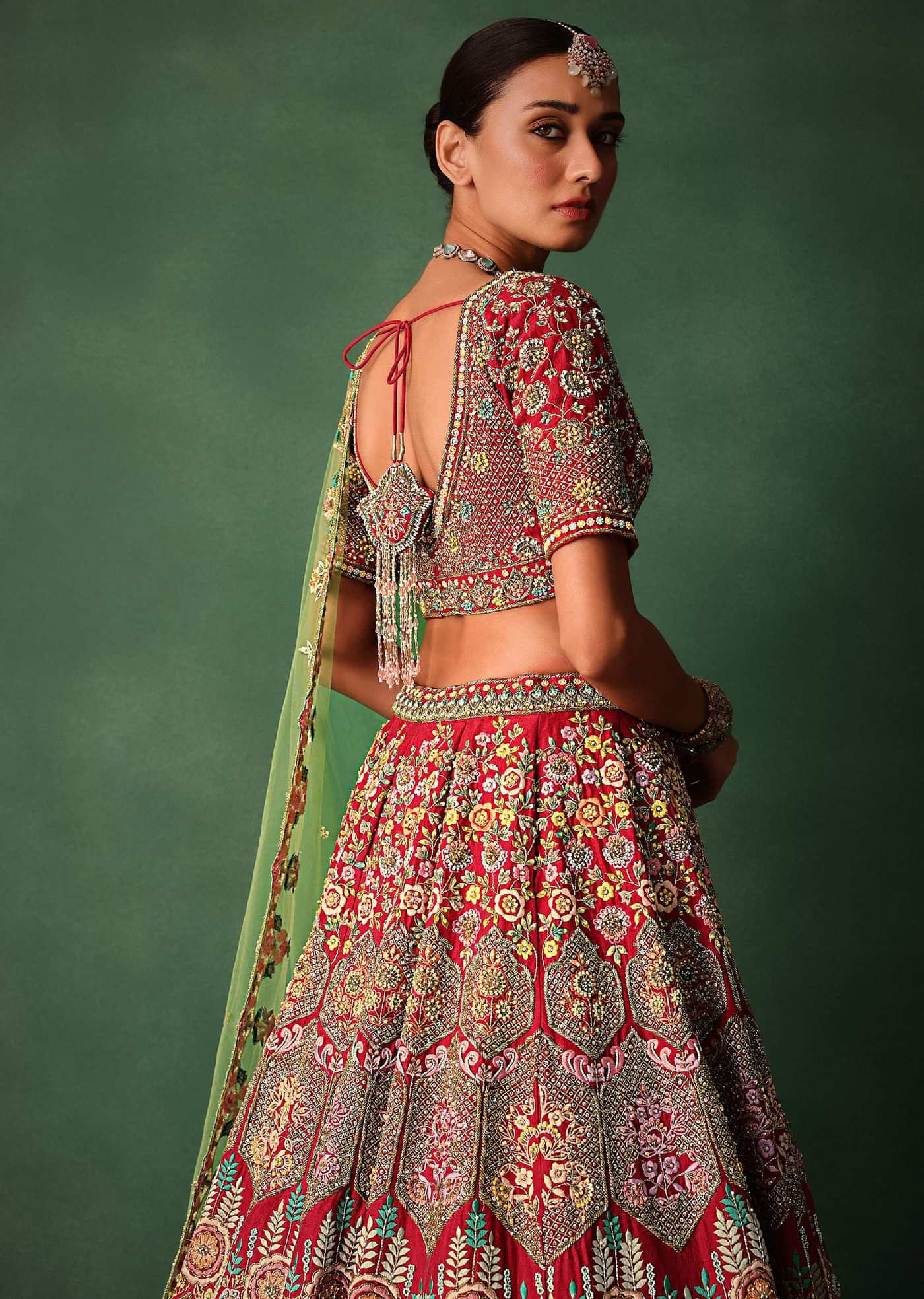 Hand Embroidered Multicolour Thread Work Red Bridal Lehenga Set With Dupatta