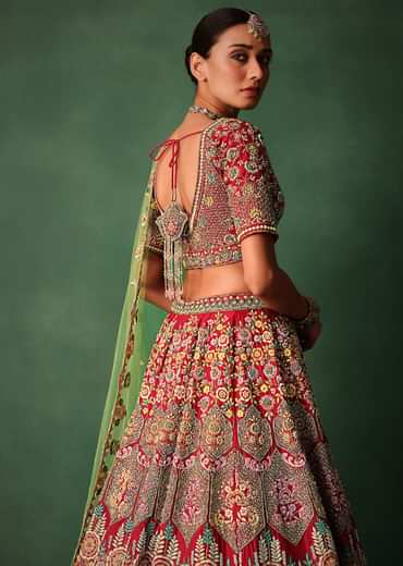 Hand Embroidered Multicolour Thread Work Red Bridal Lehenga Set With Dupatta