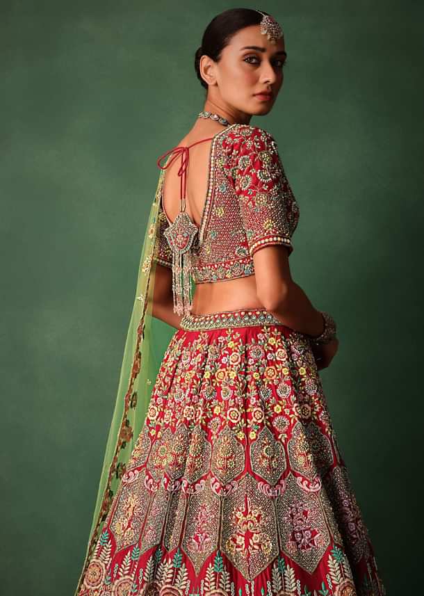 Hand Embroidered Multicolour Thread Work Red Bridal Lehenga Set With Dupatta