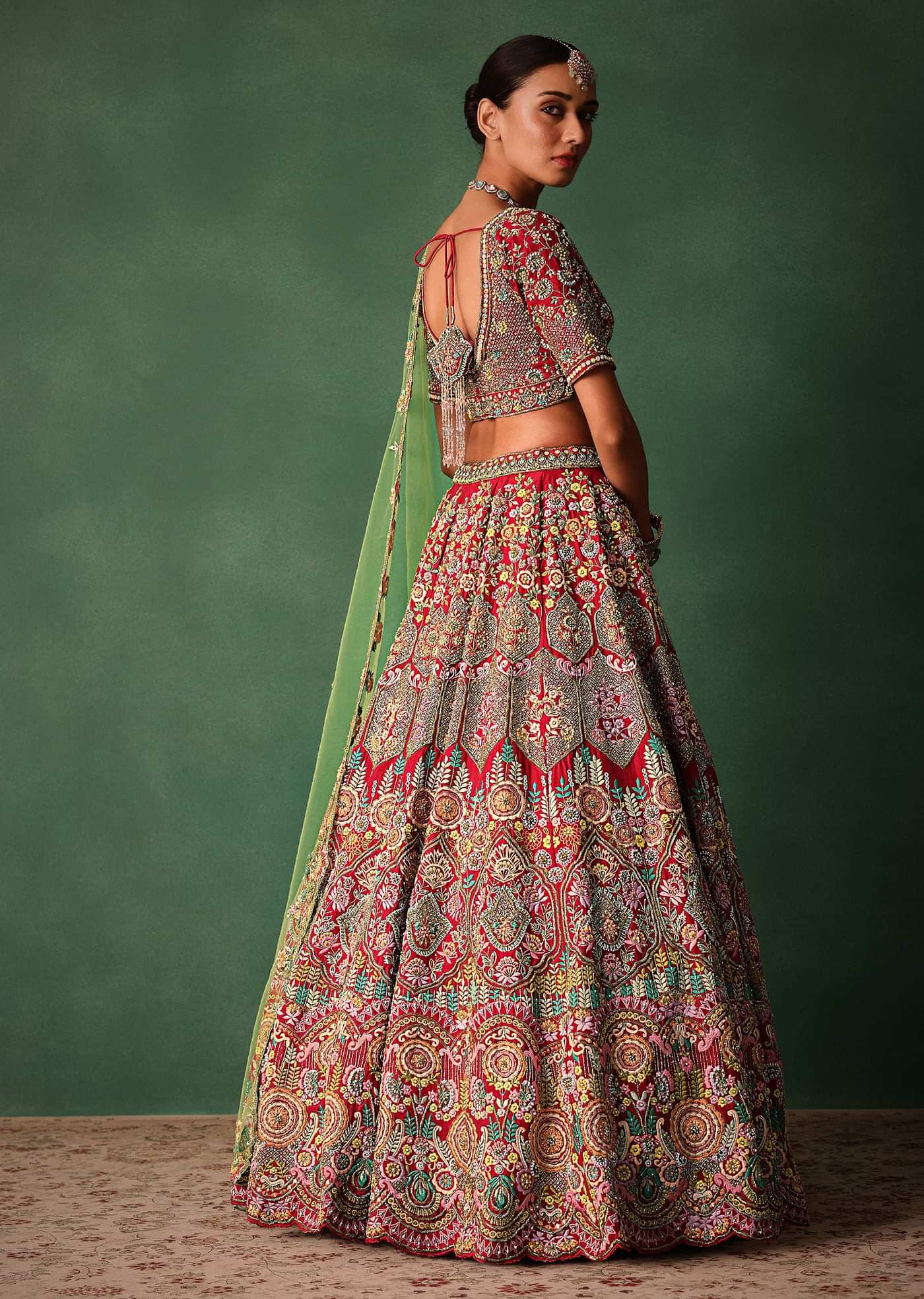 Hand Embroidered Multicolour Thread Work Red Bridal Lehenga Set With Dupatta