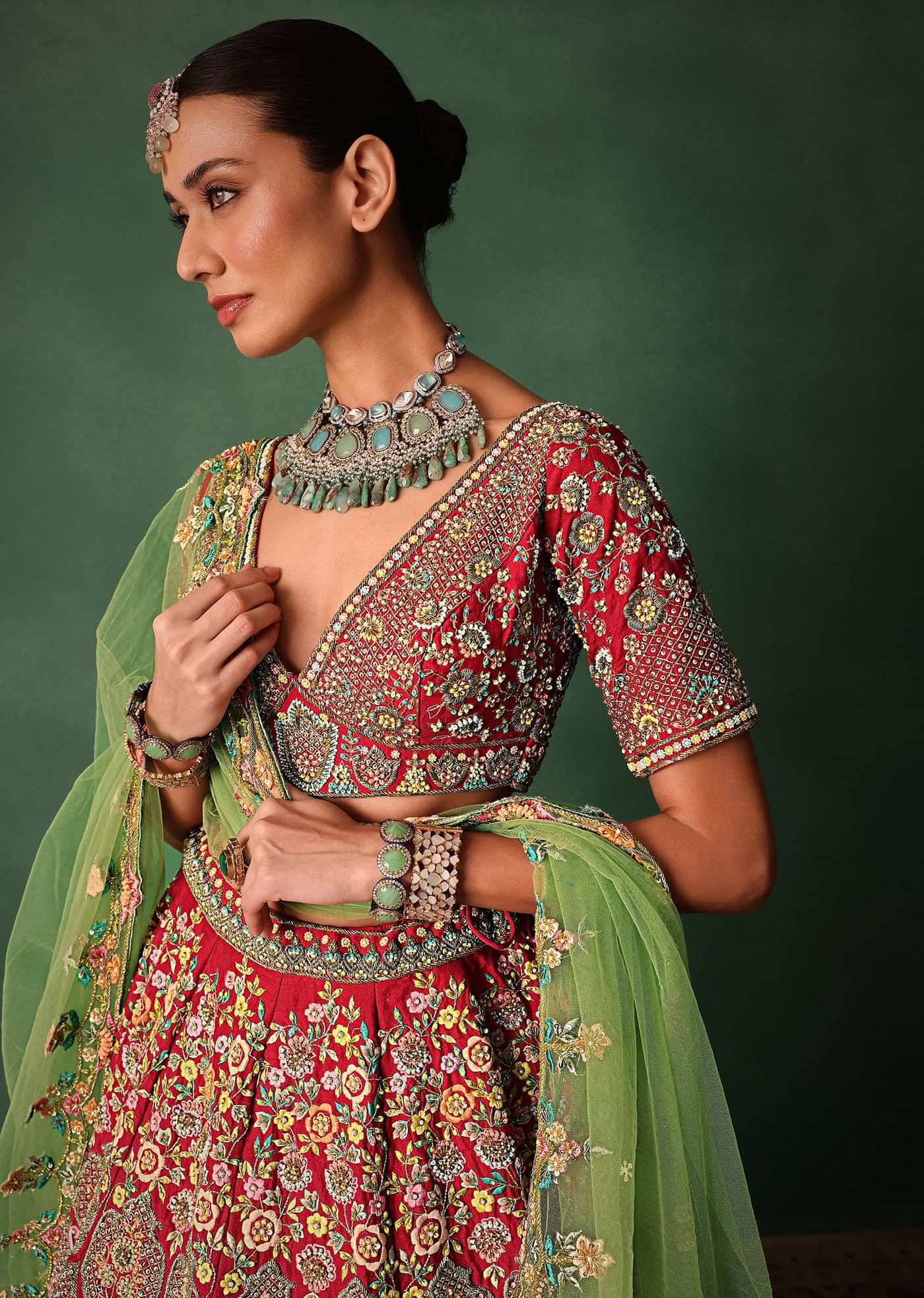 Hand Embroidered Multicolour Thread Work Red Bridal Lehenga Set With Dupatta