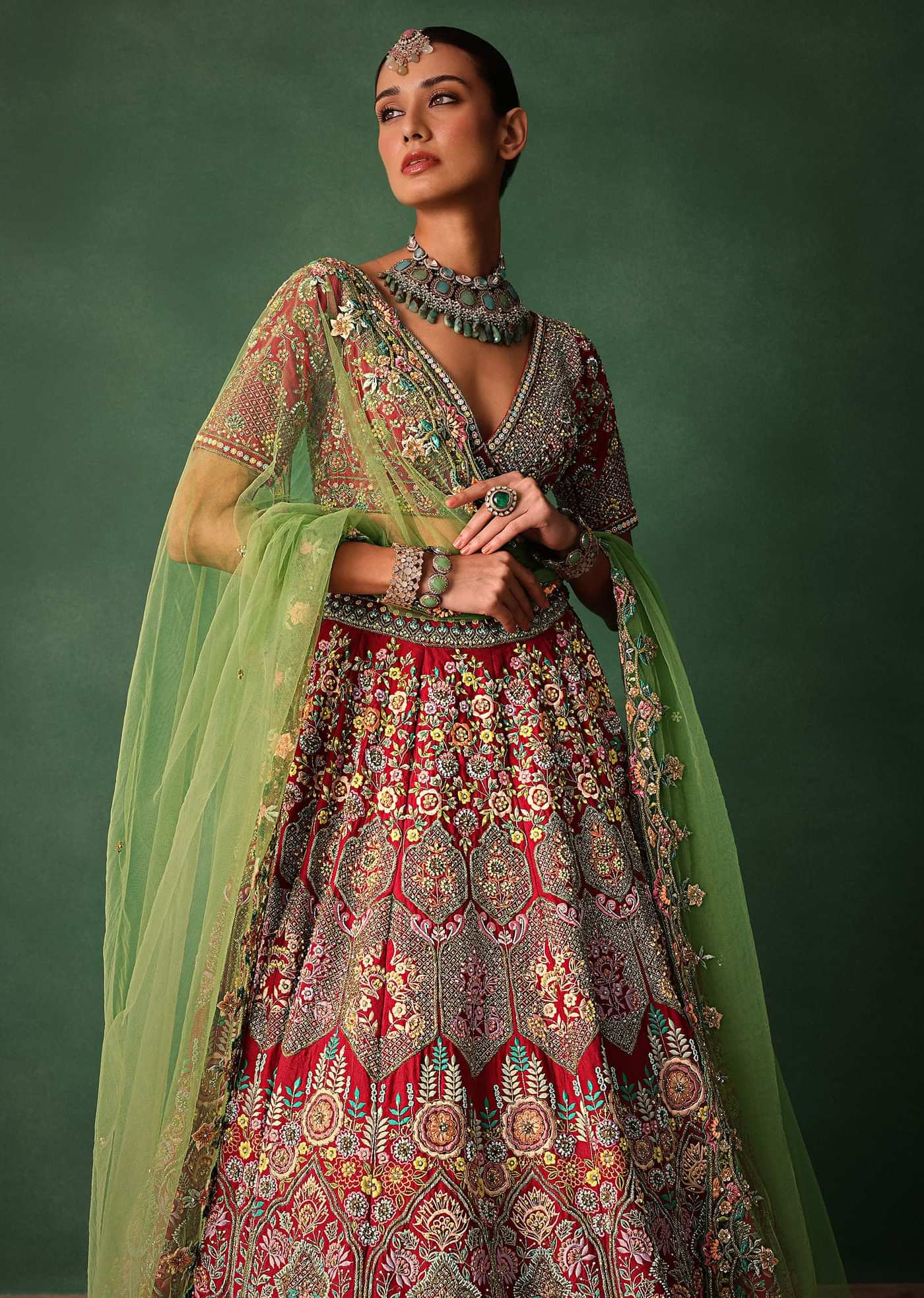 Hand Embroidered Multicolour Thread Work Red Bridal Lehenga Set With Dupatta