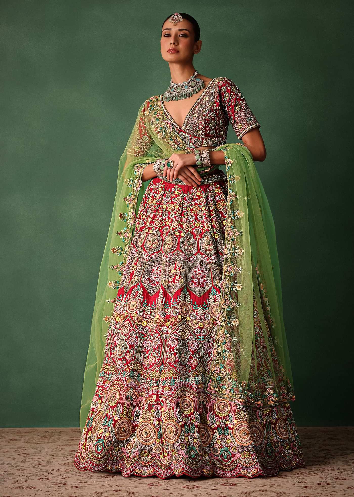 Hand Embroidered Multicolour Thread Work Red Bridal Lehenga Set With Dupatta