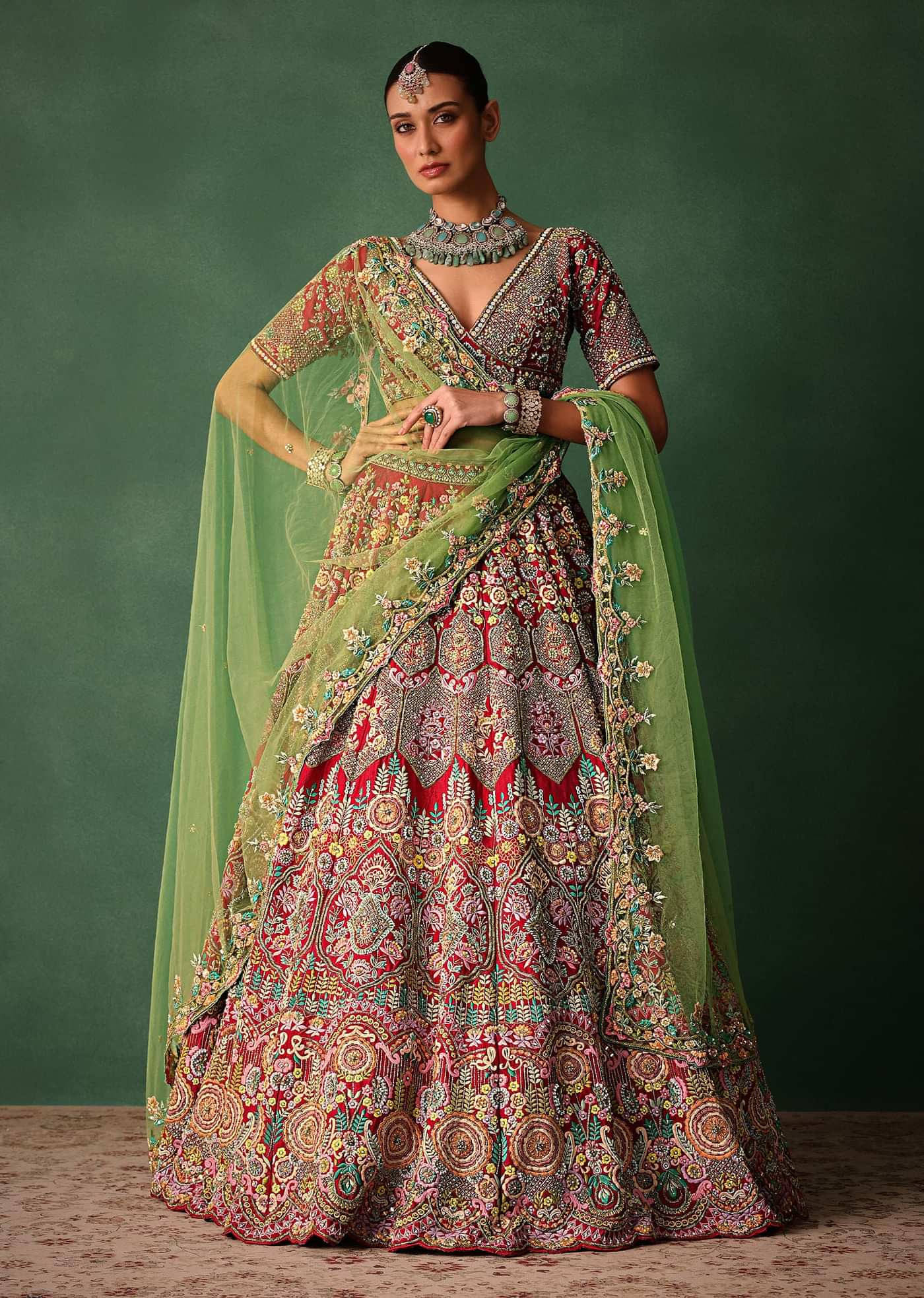 Hand Embroidered Multicolour Thread Work Red Bridal Lehenga Set With Dupatta