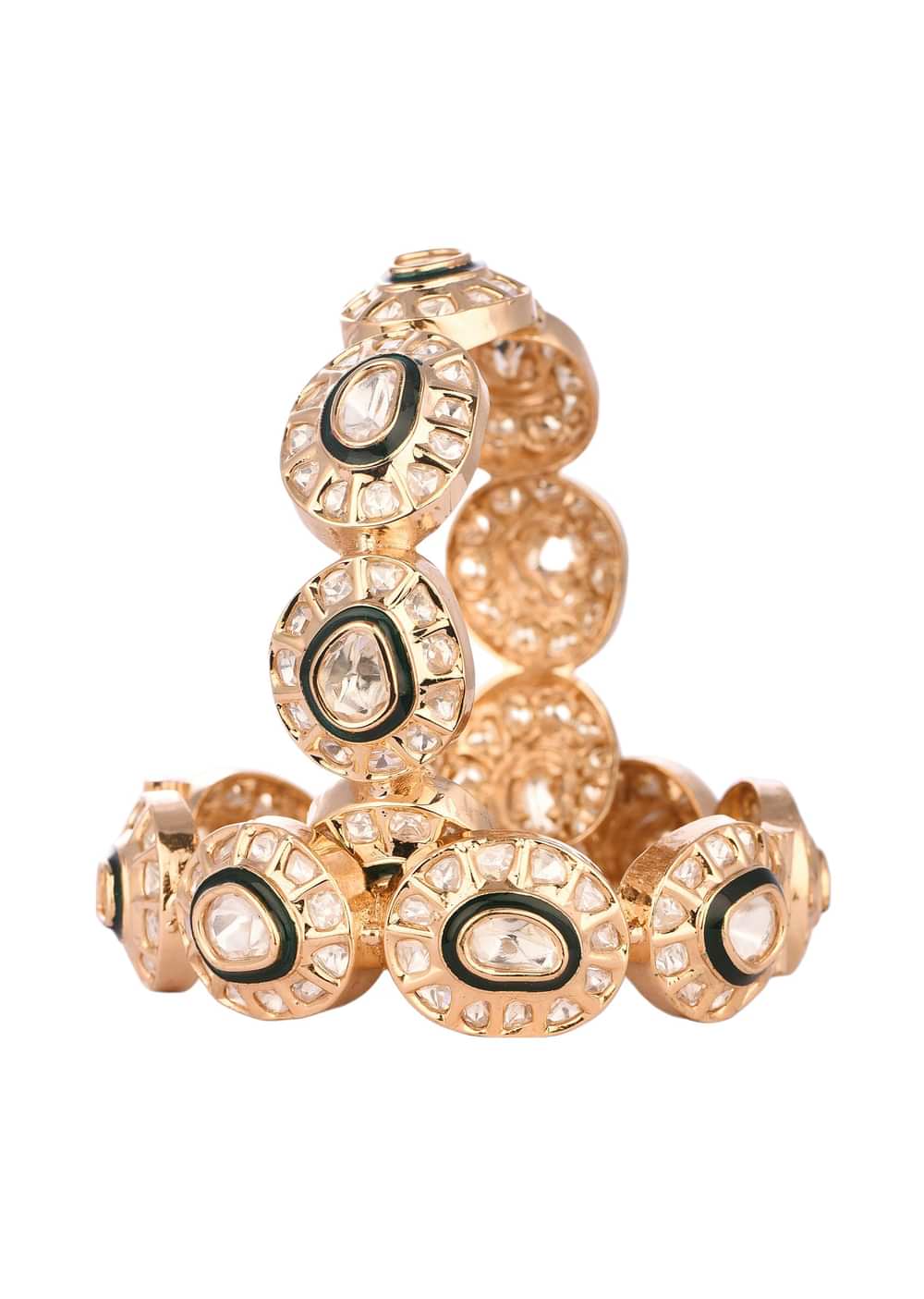 Handcrafted Rose Gold And Green Bangles In Kundan Polki