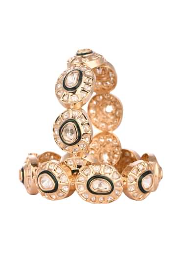 Handcrafted Rose Gold And Green Bangles In Kundan Polki