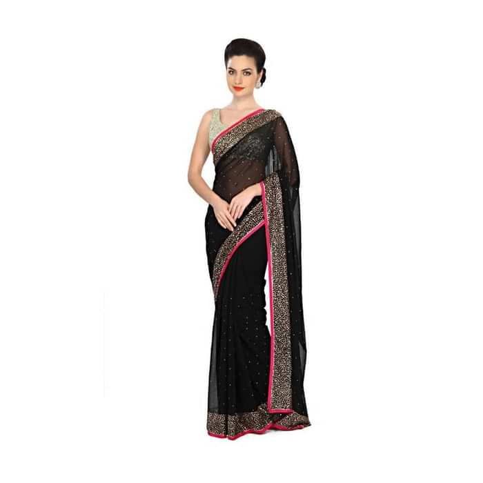 Haute Black Saree Embellished In Kundan Work Online - Kalki Fashion