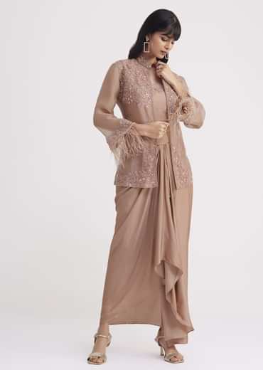 Hazelnut Beige Crop Top And Skirt With Embroidered Jacket