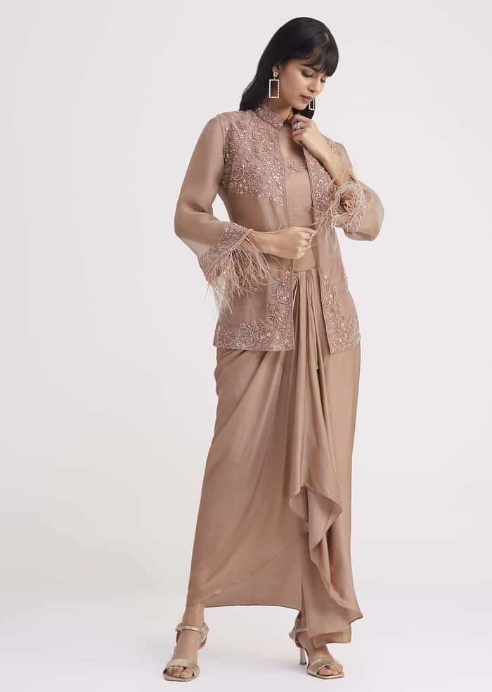 Hazelnut Beige Crop Top And Skirt With Embroidered Jacket