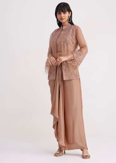Hazelnut Beige Crop Top And Skirt With Embroidered Jacket