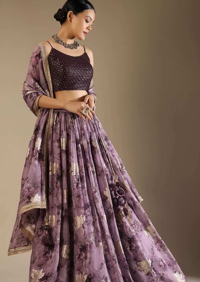 Heather Purple Skirt And Crop Top Set With Floral Print And Lurex Woven Flowers