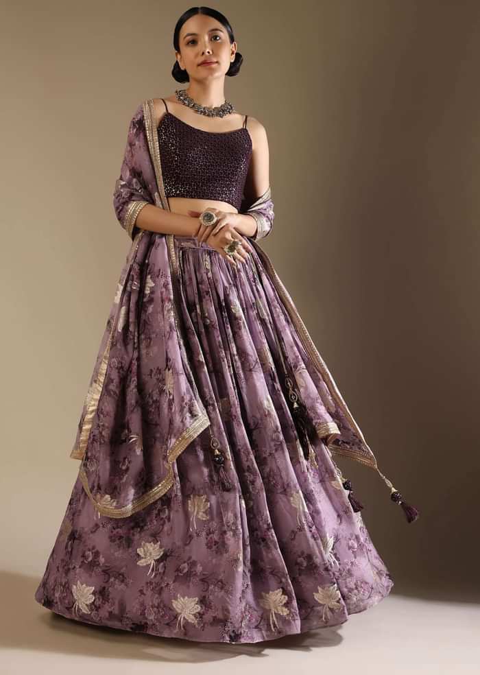 Heather Purple Skirt And Crop Top Set With Floral Print And Lurex Woven Flowers
