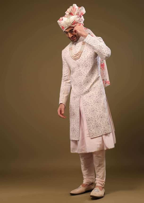 Candy Pink Silk Sherwani Set In Cutdana And Sequin Embroidery With Threadwork