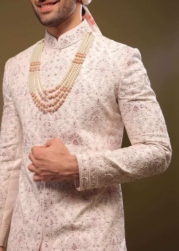 Candy Pink Silk Sherwani Set In Cutdana And Sequin Embroidery With Threadwork