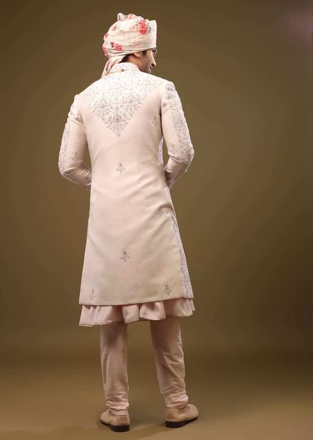 Candy Pink Silk Sherwani Set In Cutdana And Sequin Embroidery With Threadwork
