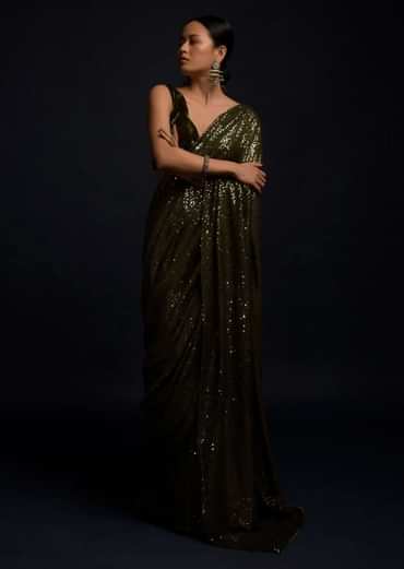 Henna Green Ready Pleated Saree Embellished In Sequins With A Matching Velvet Blouse With Plunging Neckline