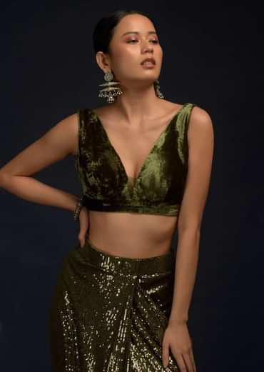 Henna Green Ready Pleated Saree Embellished In Sequins With A Matching Velvet Blouse With Plunging Neckline