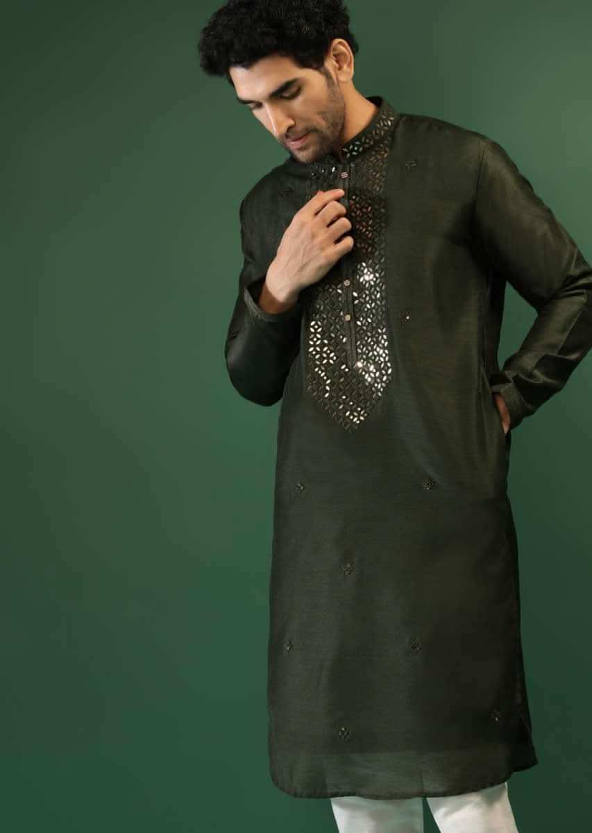 Henna Green Kurta Set In Raw Silk With Golden Mirror Embroidered Placket And Geometric Buttis