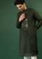 Henna Green Kurta Set In Raw Silk With Golden Mirror Embroidered Placket And Geometric Buttis