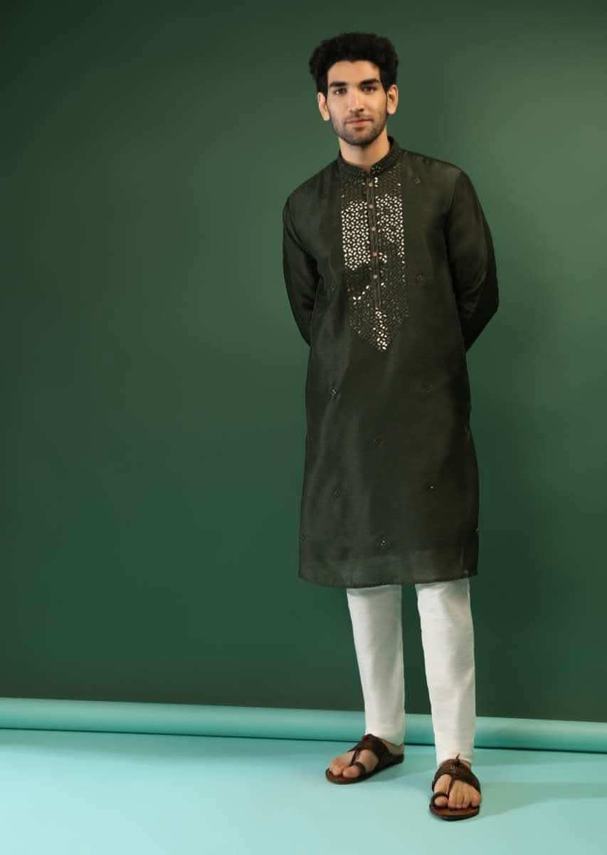 Henna Green Kurta Set In Raw Silk With Golden Mirror Embroidered Placket And Geometric Buttis
