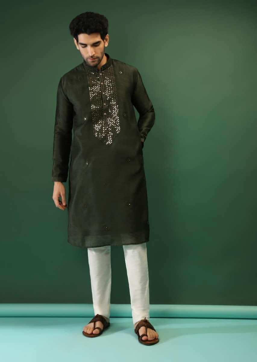 Henna Green Kurta Set In Raw Silk With Golden Mirror Embroidered Placket And Geometric Buttis