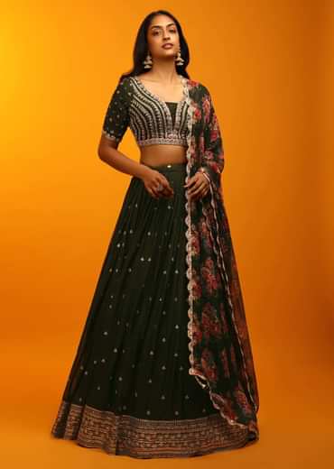 Henna Green Lehenga Choli With Zari Embroidery And Floral Printed Dupatta