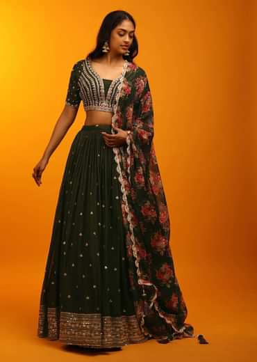 Henna Green Lehenga Choli With Zari Embroidery And Floral Printed Dupatta