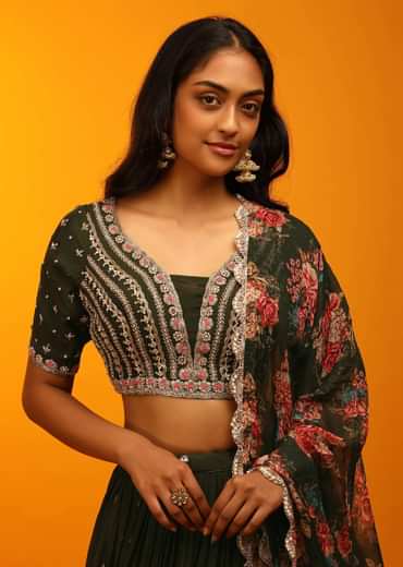 Henna Green Lehenga Choli With Zari Embroidery And Floral Printed Dupatta