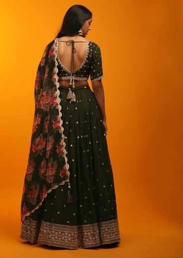 Henna Green Lehenga Choli With Zari Embroidery And Floral Printed Dupatta
