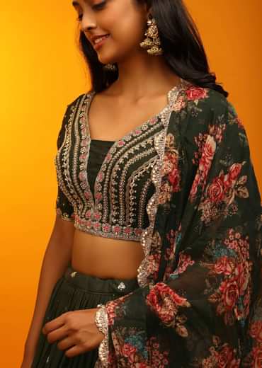 Henna Green Lehenga Choli With Zari Embroidery And Floral Printed Dupatta