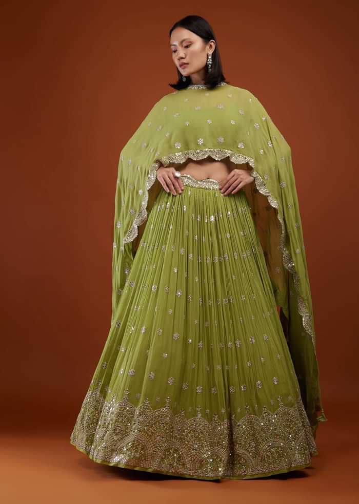 Pista Green Embroidered Lehenga In Georgette With Cape